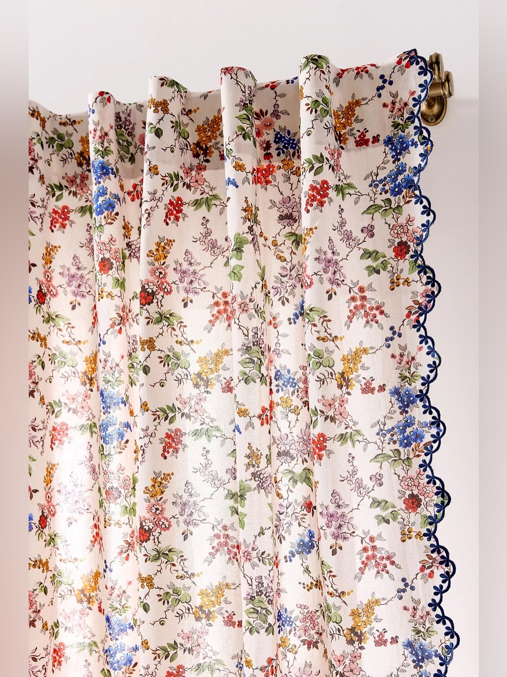 Anthropologie Alina Cotton Printed Floral Scalloped Curtain